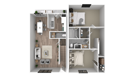 a 3d rendering of a bedroom and a bathroom floor plan